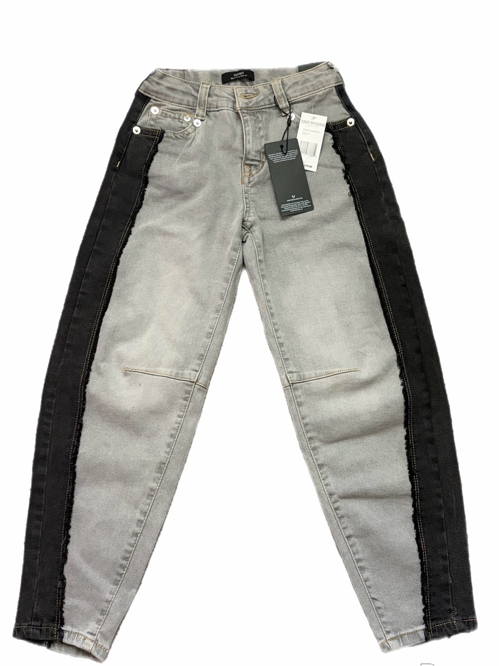True Religion Two-Tone Gray and Black Kids Jeans. Sophie Mid Ride Barrel Jeans